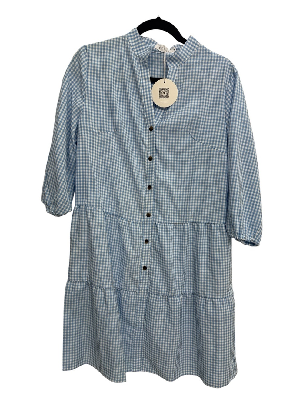 Light Blue Gingham Midi Dress with Button Front